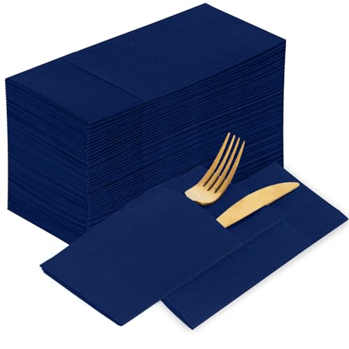 KAMMAK Blue Napkins Disposable 100 Pack Cloth like Paper Dinner Napkins Folded with Pocket Navy Blue Napkins Hand Towel for Party Decoration, Wedding Reception, Bathroon and Kitchen (16.5 x 16.5 inch) - color: Royal Blue