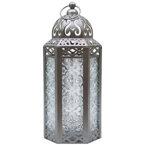 Vela Lanterns Decorative Indoor Moroccan Candle Holder, Silver, M | Ramadan Decorations for Home, Pewter Wedding Centerpiece Lamp, Turkish Votive Pillar Holder, Eid Tealight, 10.5in Tall - color: Silver/Clear, size: Medium