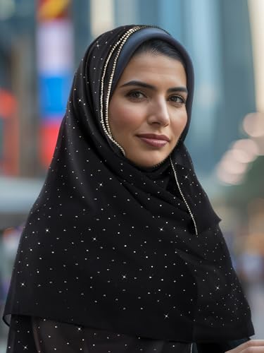 Geyoga Hijab Scarf for Women Soft Chiffon Rhinestone Long Scarf Shawl Fashion Muslim Hijab Head Wrap Scarves - color: Black