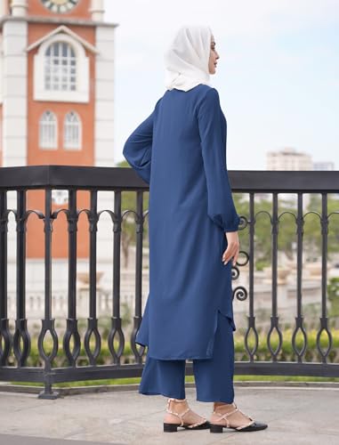 ODIZLI Women's Muslim 2 Pieces Sets Long Sleeve Button Down Shirt and Pants Abaya Casual Dress Dubai Outfits - color: Navy Blue, size: Medium