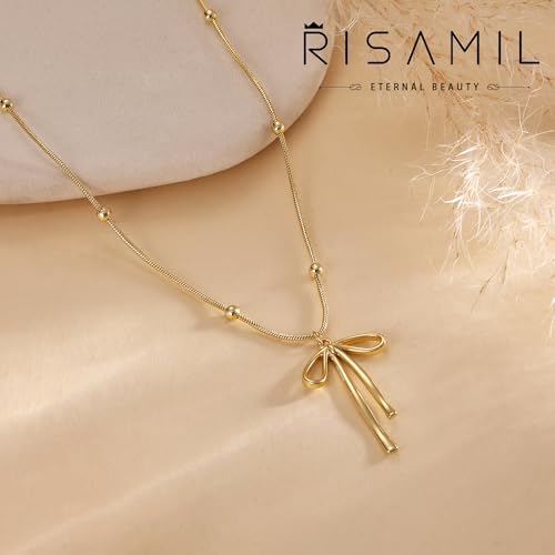 Risamil 여성용 골드 목걸이 - 리본 목걸이 14K 앙증맞은 골드 목걸이 귀엽고 작은 나비 펜던트 초커 체인 목걸이 트렌디 목걸이 여성용 골드 주얼리 선물 - color: 리본 목걸이-7