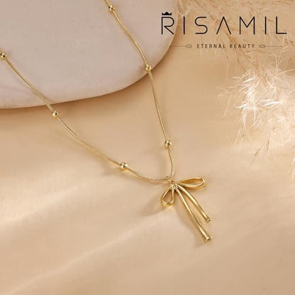 Risamil 여성용 골드 목걸이 - 리본 목걸이 14K 앙증맞은 골드 목걸이 귀엽고 작은 나비 펜던트 초커 체인 목걸이 트렌디 목걸이 여성용 골드 주얼리 선물 - color: 리본 목걸이-7