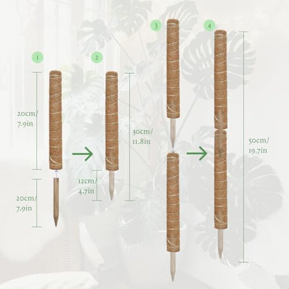 Moss Pole for Plants 4 Pack Natural Coco Coir Climbing Support Stakes with Plant Ties Indoor Monstera Plant Training Extension Poles 7.9inch Each Total 31.6 inch - size: 20cm