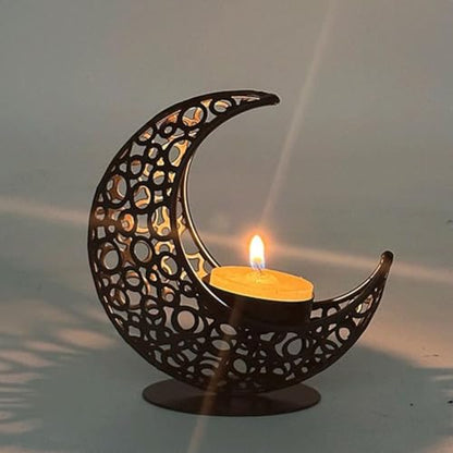 Crescent Moon Candle Holder with Star - Metal Tealight Stand for Ramadan Decor, Candlestick Holder Eid Mubarak, Boho Moon and Star Decorative Ornament for Bedroom, Living Room,Meditation Centrepiece