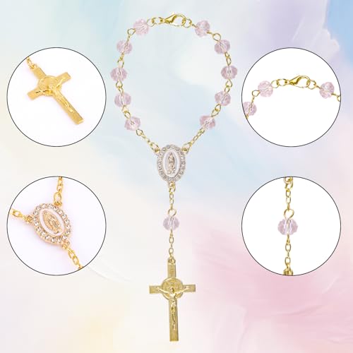 Car Rosary for Rearview Mirror, Pink Car Rosary Small with Cross Pendant Charm Ornament Purple Mini Religious Hanger Gift Catholic Hanging Wedding Women Accessories for Vehicle Rear View Mirror