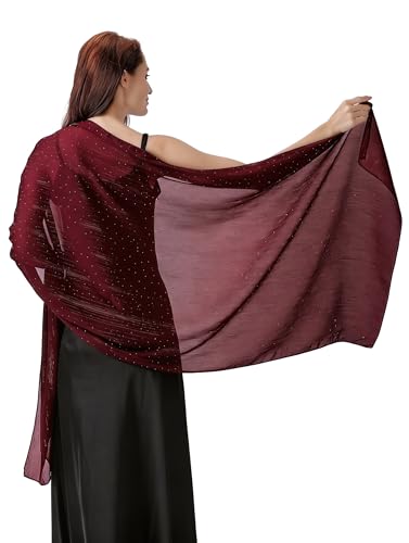 Women's Sheer Chiffon Shawl Wrap Scarf With Silver Thread,Lightweight Sparkling Rhinestone Versatile Hijab Stole - color: Dark Red