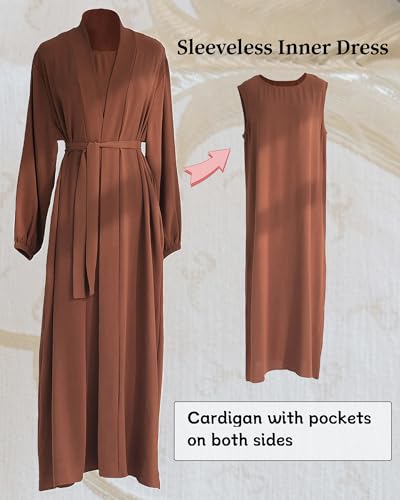 Women's Muslim Dress Two Pieces Set Islamic Prayer Abaya Modest Solid Color Muslim Outfits - color: Khaki Abaya and Khaki Hijab, size: Medium