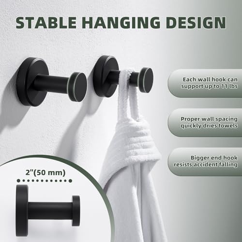 APLusee Matte Black Robe Towel Hook for Bathroom, 2 Pack Stainless Steel Coat Hooks, Heavy Duty Wall Hangers Wall Mounted - color: Matte Black, size: 2 Pack