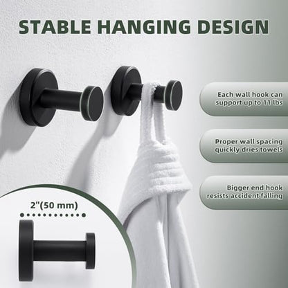 APLusee Matte Black Robe Towel Hook for Bathroom, 2 Pack Stainless Steel Coat Hooks, Heavy Duty Wall Hangers Wall Mounted - color: Matte Black, size: 2 Pack