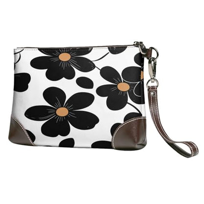 Leather Clutch Purse for Women, Large Capacity Wristlet Wallet with Removable Strap, Zip Handbag - color: Black Floral