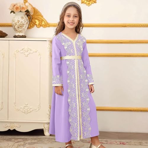Kids Girls Ramadan Muslim Lace Trim Maxi Dress with Belt Prayer Arabic Kaftan Dubai Islamic Eid Dresses - color: Purple, size: 8-9 Years