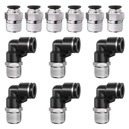 1/4" Tube OD to 3/8" NPT Thread Push to Connect Fittings,Pneumatic Quick Air Hose Fittings,Male Straight + Elbow,PC+PL(12pcs) - color: Black PC+PL, size: 1/4"OD x 3/8"NPT