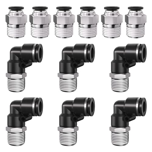 3/8 Push to Connect Fittings npt Thread to 1/4 Air Line quick | Pneumatic Tubing Hose 1/4 OD Tube to 3/8 npt, Male Elbow 90 Degree Straight Coupler - size: 1/4"OD x 3/8"NPT