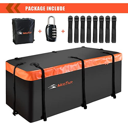 MeeFar Hitch Mount Cargo Carrier Bag Soft Shell 100% Waterproof 16 Cubic Feet (58" 24" 19") Include 8 Reinforced Straps for Truck Pickup All Vehicle with Steel Cargo Basket - size: 16 Cubic Feet