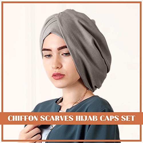 4 Pcs Women Chiffon Scarves 4 Pcs Hijab Caps Long Shawl Soft Wrap Scarves Islamic Muslim Underscarf Turban Caps Sleep Hats - color: Retro Colors