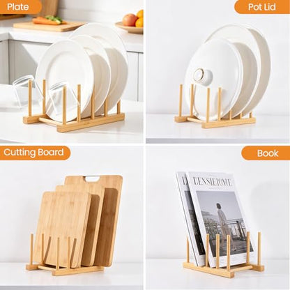 Bamboo Wooden Dish Rack-Plate Pot Lid Cutting Board Organizer Holder Rack | Kitchen Cabinet Organizer for Dish, Pots, Lids, Bowls, Bottles, Books, and Puzzle - color: Bamboo 4 Slots 1pcs