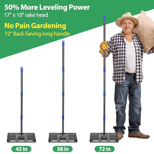 Lawn Leveling Rake, 6 FT Long Lawn Leveler with 17 x 10 Small Rakes Head for Smooth Garss Soil Dirt Sand, High Effect Long Handle Ground Leveling Tool with Round Edge for Yard Garden, No Flip - size: 17"x10" , 6 ft