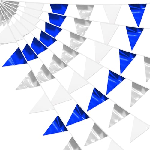 4P Navy Blue White Silver Party Decorations - Metallic Fabric Triangle Pennant Banner Flags - Indoor/Outdoor Bunting Garland for Birthday, Wedding, Graduation & Theme Parties - color: Navy Blue White Silver