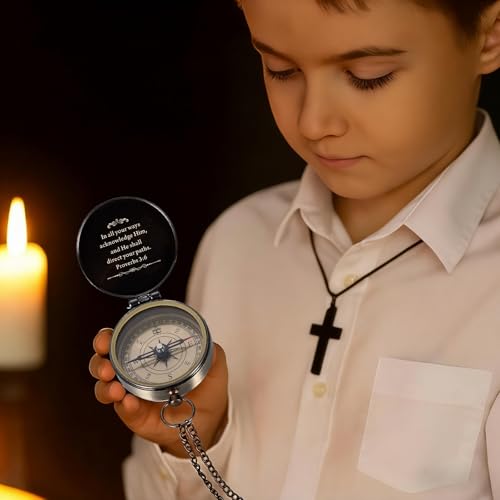 Baptism Gifts for Boys Men - Engraved Compass Christian Gifts for Men, Religious Catholic Compass Gift for Man Boys Baptism & First Communion & Confirmation, Pocket Compasses Engraved with Bible Verse