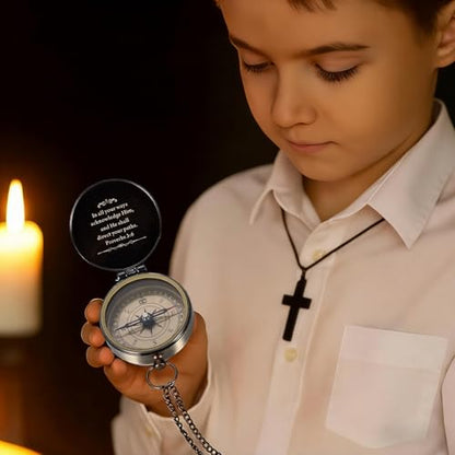 Baptism Gifts for Boys Men - Engraved Compass Christian Gifts for Men, Religious Catholic Compass Gift for Man Boys Baptism & First Communion & Confirmation, Pocket Compasses Engraved with Bible Verse