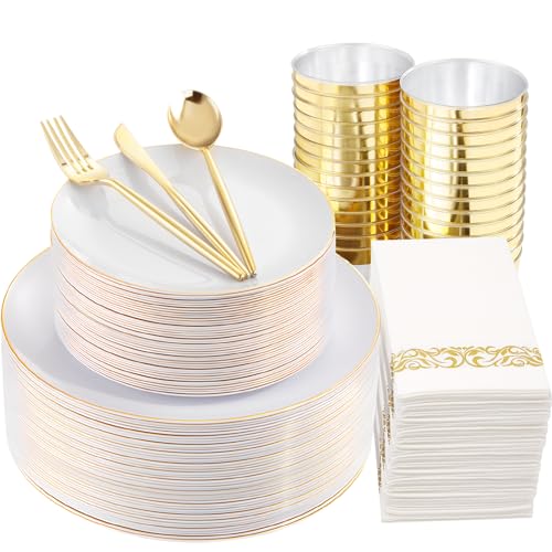 MirthMood 350Pcs White and Gold Dinnerware Set,Plastic plates Includes:50 Dinner Plates, 50 Dessert Plates, 150 Gold Plastic Cutlery,50 Paper Towels & 50 Cups for Party&Wedding - color: White, size: 350