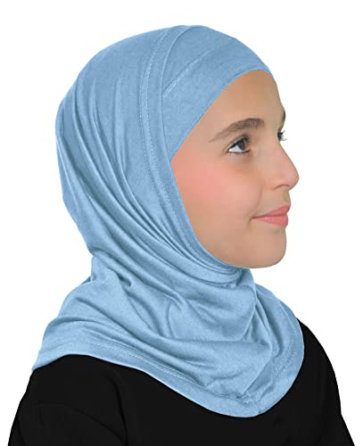 Girls Hijab Muslim Kids Amira 2 piece Instant Head Scarf Easy Pull On Hood & Tube Cap - color: Medium - Blue, size: Medium