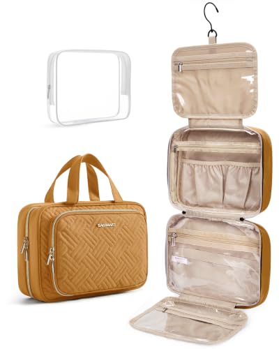 BAGSMART Toiletry Bag Hanging Travel Makeup Organizer with TSA Approved Transparent Cosmetic Bag Makeup Bag for Full Sized Toiletries(Stone Khaki) - color: Stone Khaki, size: Large