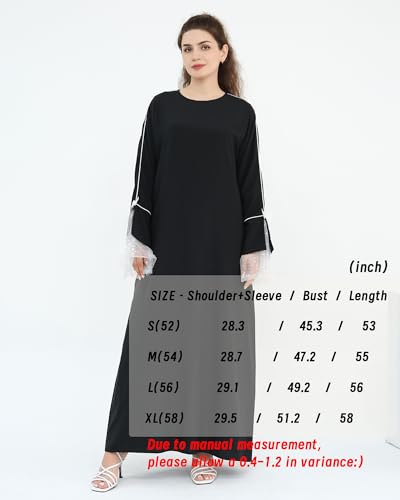 Luxury Black Abaya Dress with Intricate Lace Cuffs Full-Coverage Modest Wear for Muslim Women Elegant Prayer Dress - size: Small