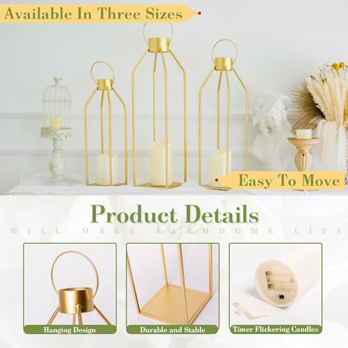 HPC DECOR 모던 팜하우스 랜턴 장식 - 55.9cm(22인치) 48.3cm(19인치) 40.6cm(16인치) 높이 대형 골드 메탈 캔들 랜턴 홈 데코용 - 랜턴 장식, 거실, 야외, 벽난로 맨틀 장식용 타이머 깜박이는 양초 포함 - size: 22inch,19inch and 16inch（Gold）