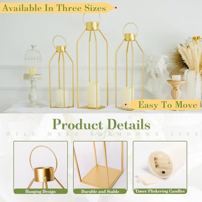 HPC DECOR 모던 팜하우스 랜턴 장식 - 55.9cm(22인치) 48.3cm(19인치) 40.6cm(16인치) 높이 대형 골드 메탈 캔들 랜턴 홈 데코용 - 랜턴 장식, 거실, 야외, 벽난로 맨틀 장식용 타이머 깜박이는 양초 포함 - size: 22inch,19inch and 16inch（Gold）