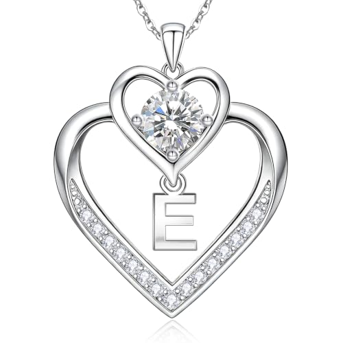 RIVIKO 1 Carat Moissanite Heart Initial Necklace for Women,Letter Pendant - color: Letter E