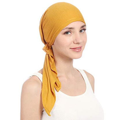 Instant Hijab Solid Beaded Long Tail Turban Wrap Cap Soft Stretchy Breathable Muslim Hair Baseball Hat - color: 08#_yellow