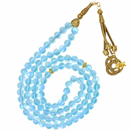 Amazing Gemstone Crystal Tasbeeh with Moon and Star Charm - Certified Crystal Muslim Prayer Beads Natural Gemstone Tasbih Gift for Ramadan Dhikr and Daily Namaz (G) - color: Blue Mermaid Glass