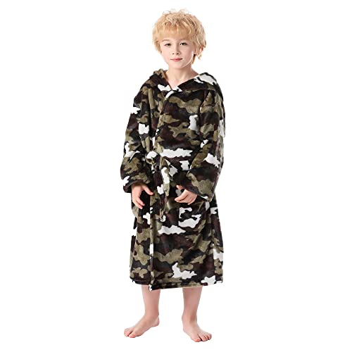 V.&GRIN Boys Fleece Robe, Hooded Soft Fuzzy Bathrobe for Kids 5-14 Years - color: Camo, size: 9-10 Years