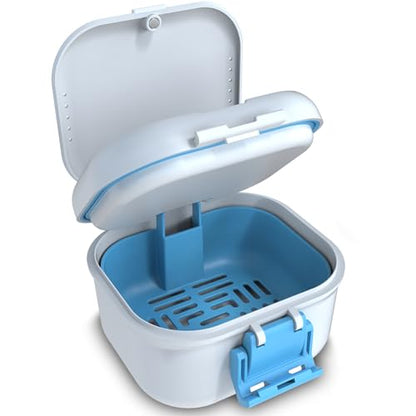 BVN 2-in-1 Leak Proof Denture Soaking Cup with Strainer | Hygienic Storage Case for Dentures, Braces, Mouth Guards & Travel Retainers - color: White+blue