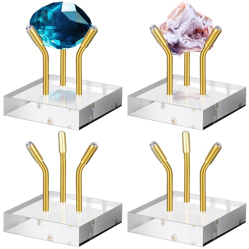Weysat 4 Pack Clear Acrylic Display Stand, Metal 3 Peg Rock Display Easel Stands for Fossil Coral Crystal Geodes Rock Mineral Agate Small Collectibles Acrylic Holder (2”x2”x2”,Gold) - color: Gold, size: 2”x2”x2”