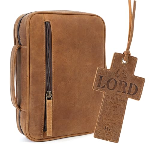 ELIZO Leather Bible Cover for Men Bible Case for Women Zippered Holder Protector Cross Church Tote Bag Carrying Organizer Sleeve Gift Standard Saddle - color: Saddle, size: Standard