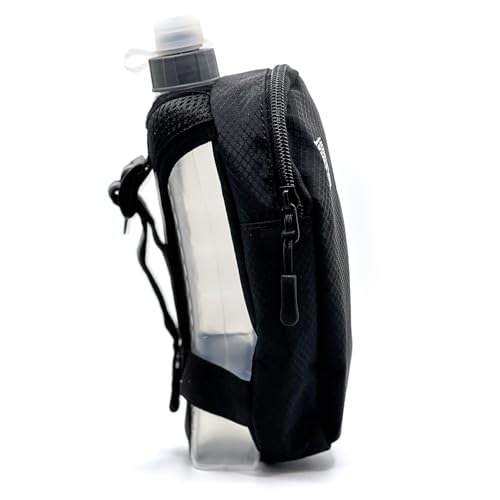 Handheld Running Water Bottle with Large Phone Holder – 12oz Grip-Free Hydration Flask with Pocket for Cards & Keys – Adjustable Strap for Walking, Running, Hiking