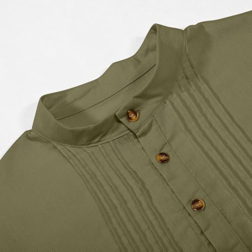 Men's Long Sleeve Stand Collar Kaftan Thobe Button Down Henley Robe Casual Side Slit Front Pleated Gown Shirt Tops - color: Army Green, size: Large