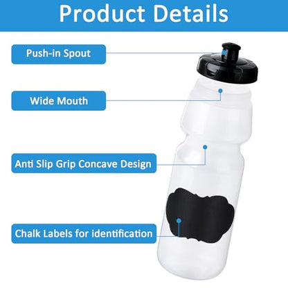 6 Pack 25 oz Sports Water Bottles Sports and Fitness Squeeze Water Bottles BPA Free come with 8 pcs Chalk Labels, 1 Pen(Dishwasher Safe) - size: 25oz 6pack(Clear)