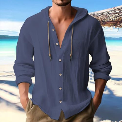 Linen Shirts for Men Casual Button Shirt Summer Cotton Linen Hoodie Beach Long Sleeve Shirts Top with Hood - color: B1-navy, size: Large