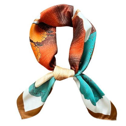 FONYVE Silk Feeling Scarf Medium Square Satin Head Scarf for Women 27.5 × 27.5 inches - color: 03 Orange & Brown Flowers