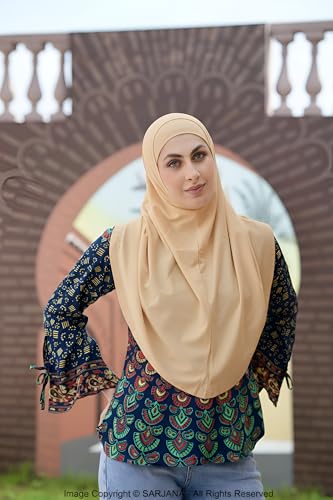SARJANA Women's Solid Color Cotton Hijab with Under Scarf Cap Ready to Wear Stretch Scarves Long Scarfs FREE SIZE - color: Beige