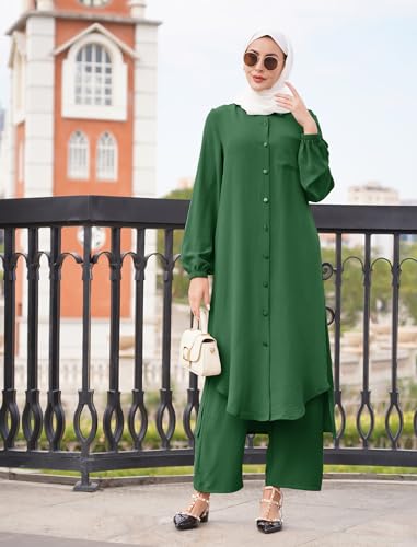 ODIZLI Women's Muslim 2 Pieces Sets Long Sleeve Button Down Shirt and Pants Abaya Casual Dress Dubai Outfits - color: Emerald Green, size: 3X-Large