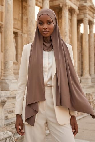 Aisha's Design Neck-Covering Practical Jersey Hijab with Built-In Ninja Bonnet - color: Chocolate
