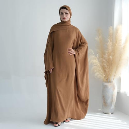 ODIZLI Abayas For Women Muslim Dubai Full Cover Kaftan Shirt Dress Batwing Sleeve Prayer Dress With Hijab - color: Coffee + Hijab, size: Two