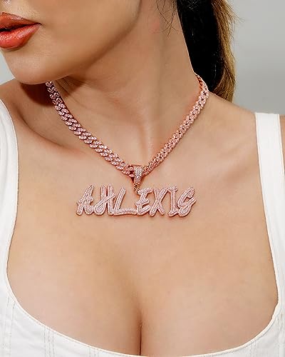 Lulu Mel Iced Out Personalized Cursive Name Necklace For Trendy Women, Custom Handmade Nameplate Pendant With Cuban Link Chain, White Gold Plated Hip Hop CZ Diamond Jewelry Gifts - color: Rose Gold