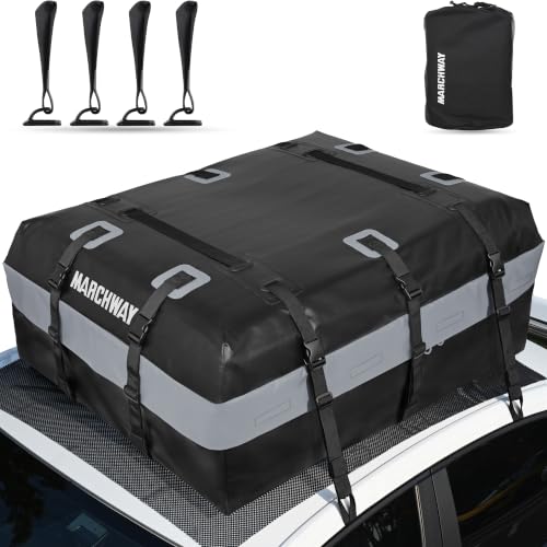 MARCHWAY Waterproof Car Roof Luggage Bag, Weatherproof Soft Shell Rooftop Cargo Carrier Bag for Vehicles with or Without Rack. 6 Door Hooks, Anti Slip Mat, Lock Included (21 Cubic Feet, Black) - size: 21 Cubic Feet, Black