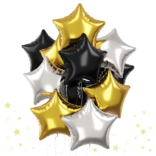 Black Gold Star Foil Balloons, 18 Inch 12Pcs Silver and Black Pentagram Aluminum Foil Balloon, Black Gold Party Decorations for Birthday Graduation New Year Wedding Retirement Casino Father's Day - color: Black Gold
