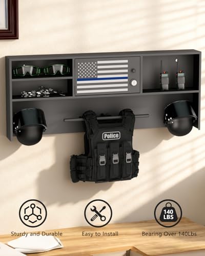 Police Gear Rack,Wall Mounted Lock Safe Police Tactical Vest Hanger | Gun Storage Plate Carrier Tactical Gear Stand with Decorative Flags,Law Enforcement Organizer for Police Veteran Gift